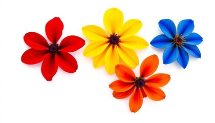 Three vibrant flowers, red, yellow, blue, on pure white background,  colorful flowers,  art