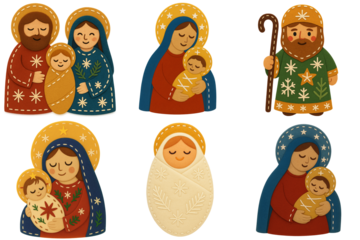 Set of Scandinavian christmas decor felt Holy Family – Mary, Joseph & baby Jesus nativity icons – handmade wool-felt applique clipart, isolated