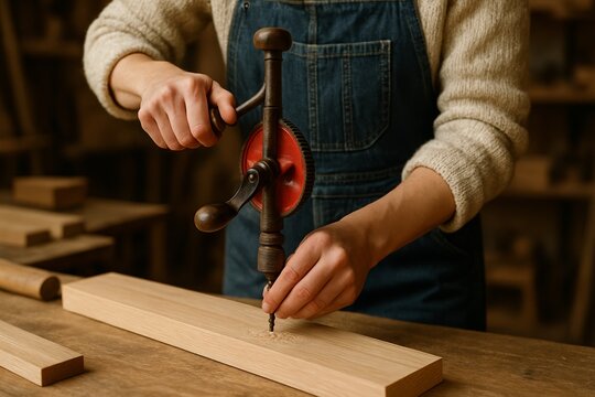 A detailed photo of a person using a vintage-style hand drill on a wooden board in a cozy workshop. The warm lighting emphasizes motion, wood grain, and sawdust.

