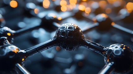 A macro view of a metallic molecular structure, showcasing its intricate interconnected network with a bokeh background emphasizing technological advancement now.