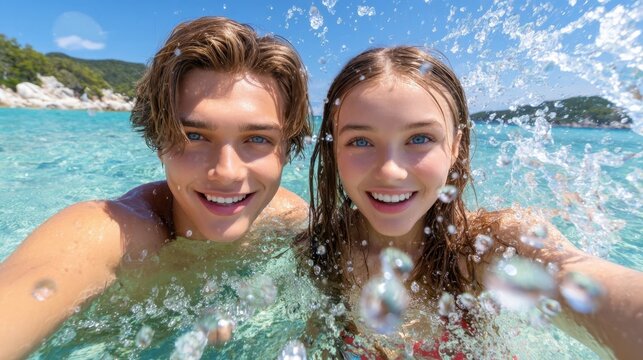 Young couple enjoying a sunny day at the beach, splashing water while taking a selfie, surrounded by clear turquoise ocean and vibrant natural scenery, capturing joyful moments - Powered by Adobe