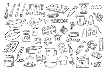 Set of baking theme. Confectionery. Kitchen tools, kitchenware, kitchen equipments in doodle style. Love cooking. Home baking. Vector illustration for restaurant menu, recipe book and wallpaper.