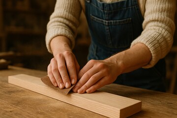 A detailed photo of a person using a vintage-style hand drill on a wooden board in a cozy workshop. The warm lighting emphasizes motion, wood grain, and sawdust.	