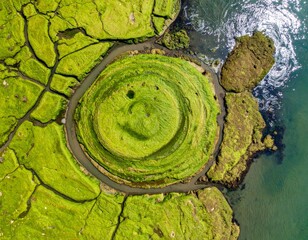 Aerial View of Circular Green Island Surrounded by Turquoise Water on Sunny Day
