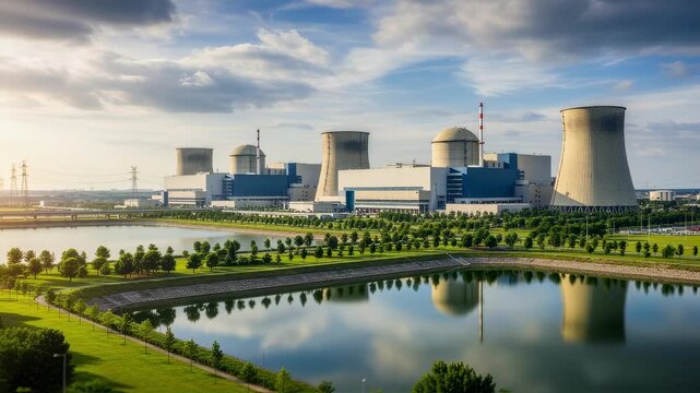 Panorama of nuclear plant reactors with adjacent water bodies and green buffer zones.