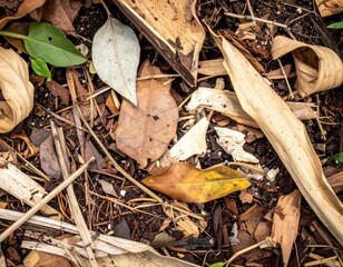 Textured Ground Covered with Fallen Brown Autumn Leaves and Twigs in Outdoor Forest