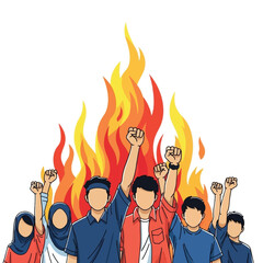 A diverse group of people raise their fists in unity, fueled by a fiery passion behind them.