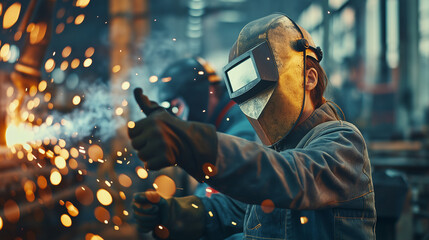 Charismatic female welder giving a thumbs up in a professional workshop. Perfect for illustrating skilled trades, women in male-dominated industries, and job satisfaction.