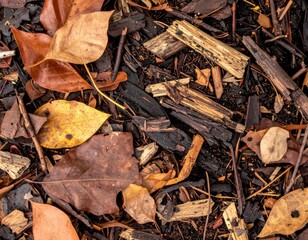 Autumnal Composition of Leaves and Wood Mulch on the Ground Surface in Natural Light