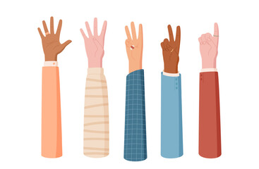 Flat cartoon hand count gesture set. Diverse fingers show count and number with colorful clothes. Isolated concept for educational use in schools and learning environments.