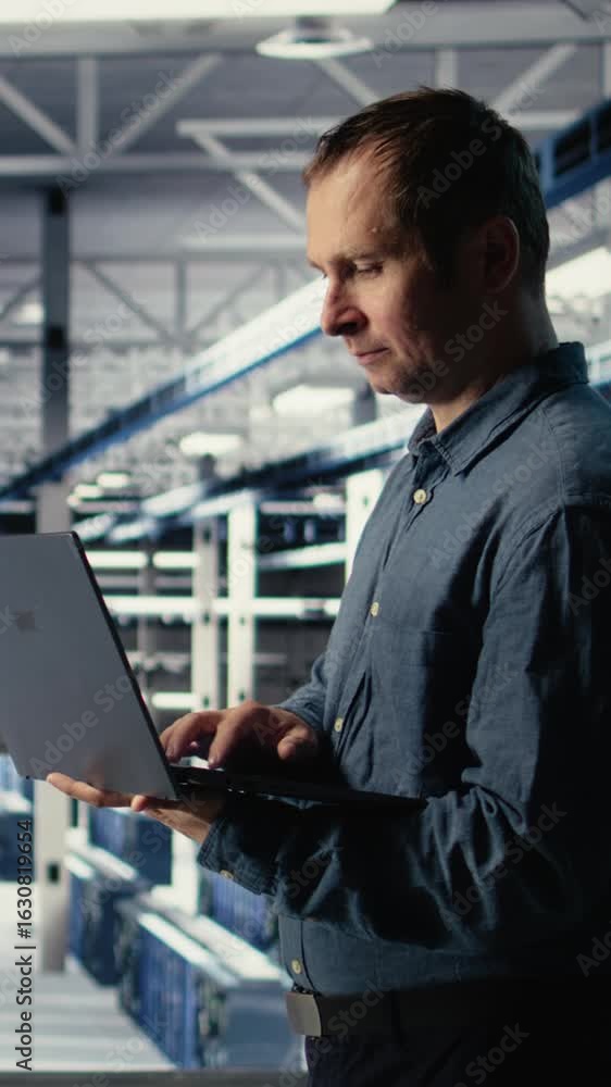 Poster vertical video technician monitors server room activity using laptop while walking through facility.