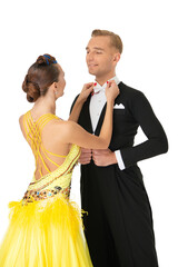 Dancer classic dance. Competitive dance duo. Dance couple isolated on white. Ballroom dancer dancing waltz. Couple dancing waltz. Ballroom dancer couple. Dancing waltz couple. Elegant duo