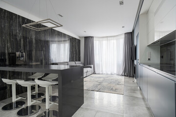 Modern kitchen and living area combine sleek design and open space in urban apartment setting with...