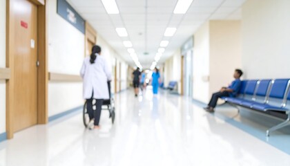 Blurred hospital corridor with medical staff and patients