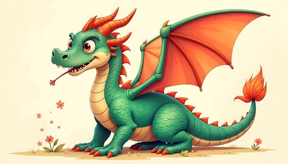 Fototapeta premium vector Cute whimsical dragon illustration, Cute cartoon dragon, kids cartoon, created with generative ai