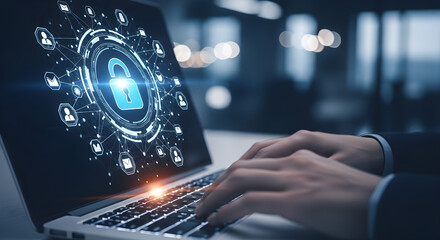 Cybersecurity and Data Protection: Hands Typing Password on Laptop with Digital Lock Icons for IT security firms, fintech services, or educational content about safe internet practices and tech blogs