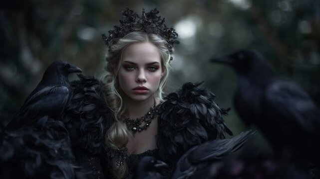 A mysterious woman surrounded by black ravens in a dark forest. 