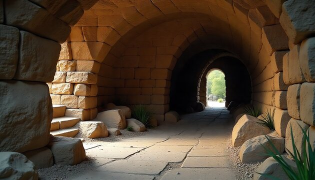 Ancient subterranean dwelling with a stone gateway, Medieval entrance to Skenfrith Castle grounds, created with generative ai