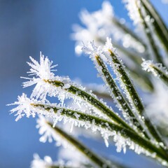 Close Up of Frost Covered Evergreen Branch with Needle Detail Against Soft Blue Sky