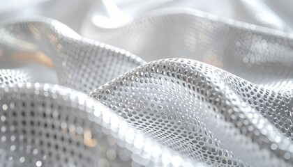 Close Up of Reflective Silver Metallic Fabric with Wavy Texture and Abstract Pattern