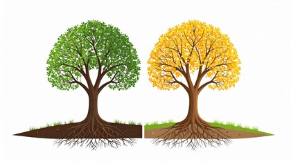 Two Trees Showing Seasonal Change From Green Foliage To Yellow Leaves on a White Background