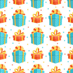 Gift box seamless cartoon pattern with ribbon and bow. Presents wrapped with festive wrapping, ideal for birthday or party themes. Playful background for holiday event or surprise celebration,
