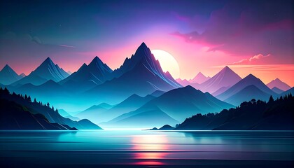 Colorful mountain lake sunset