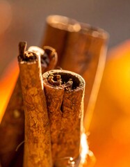 Close Up of Cinnamon Sticks with Warm Light and Textured Background Detail