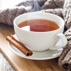 Steaming White Cup of Tea with Cinnamon Sticks on Wooden Tray and Woven Scarf