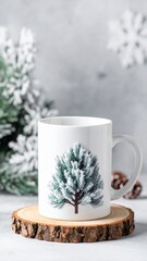White Coffee Mug with Snowy Tree Design on Wooden Base for Festive Holiday Seasons