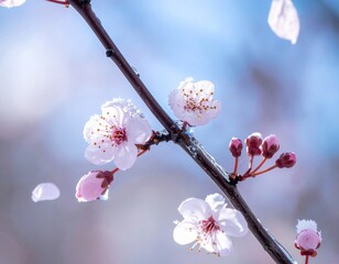 Close Up of Pale Pink Cherry Blossoms with Buds on Branch Against Soft Blurred Background