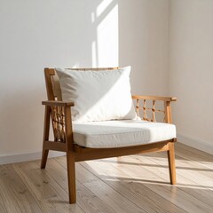 Comfortable Wooden Armchair with White Cushions in Sunlit Room with Minimalist Design