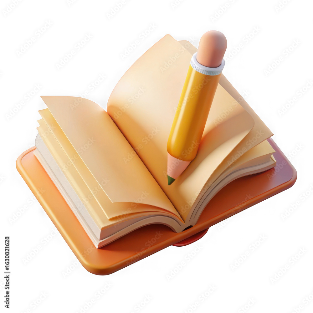 Poster 3d render of notebook with pencil isolated on transparent background