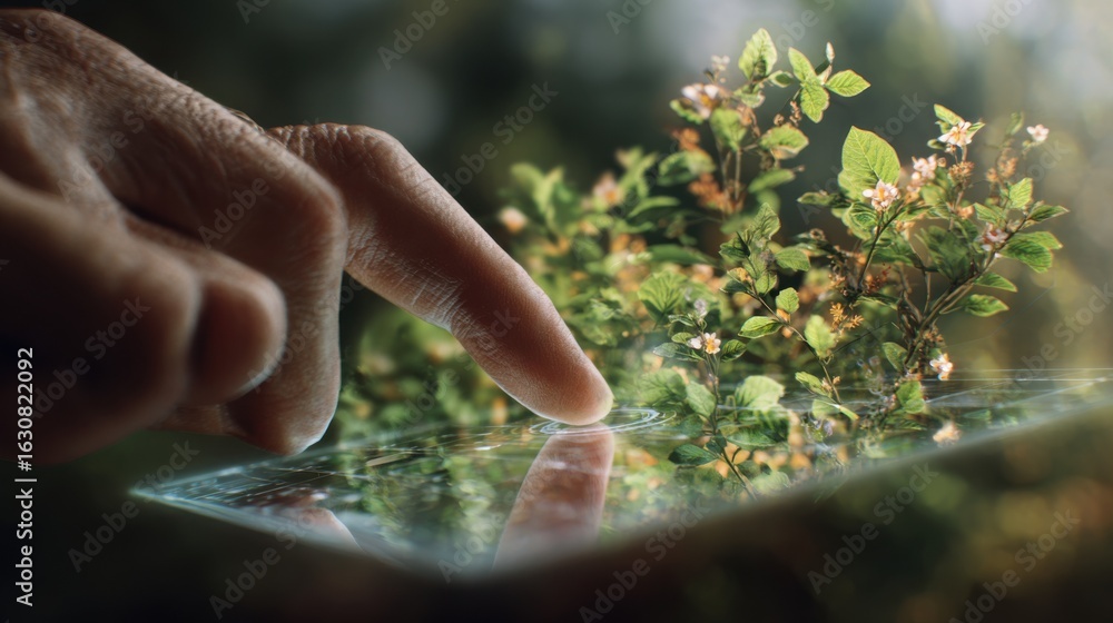 Poster medium shot focusing on a vibrant digital app interface where blossoming garden vines represent coll