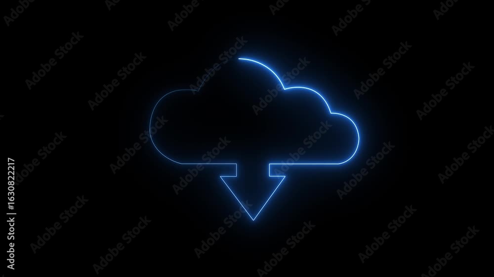 Poster neon digital cloud icon, data transfer animation. glowing neon cloud storage with arrows, looped ani