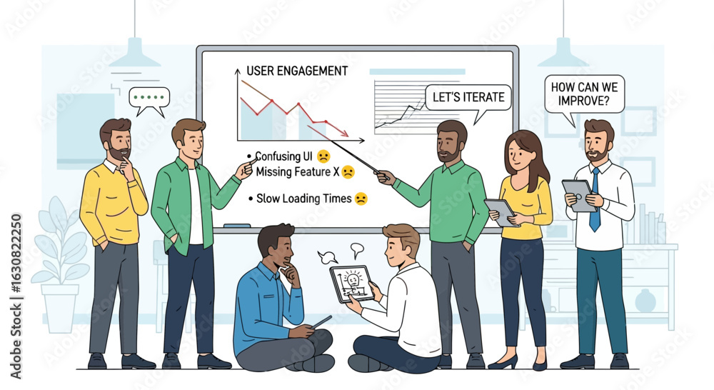 Poster team analyzing user engagement data and planning iterations in meeting