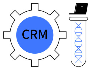 CRM within gear highlights systems, DNA in test tube indicates innovation, laptop connects to technology. Ideal for science, tech, business strategy, data management, innovation, biotech teamwork