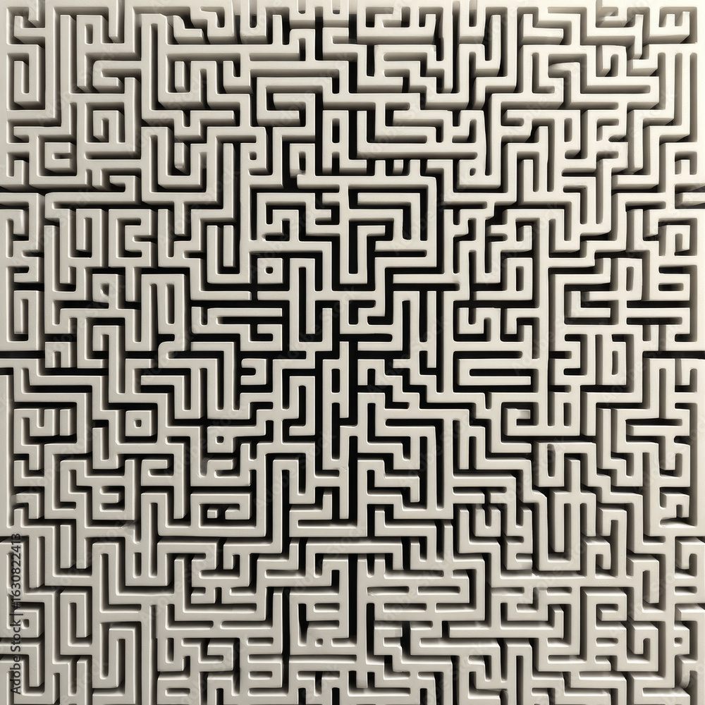 Poster complex black and white maze pattern with high detail and minimal style creates visually intriguing 