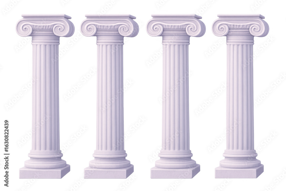 Poster four classic architectural white ionic columns standing on a transparent background, perfect for his