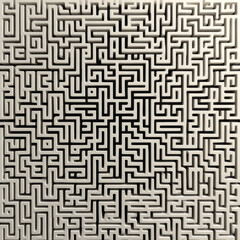 Complex black and white maze pattern with high detail and minimal style creates visually intriguing design. clean background enhances intricate pathways, offering sense of mystery and challenge