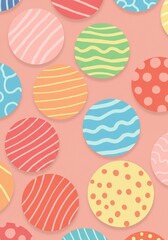 Colorful circles with simple patterns on a light pink background