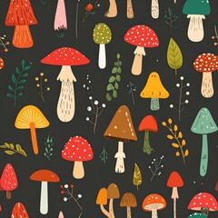 Colorful mushroom pattern with foliage