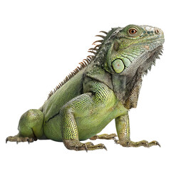Obraz premium Png of A vibrant green iguana posing majestically, showcasing its intricate scales and distinctive features.