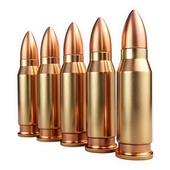 Five golden bullets in a row isolated on transparent background