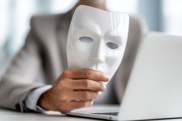 Close up of businessman in suit holding white mask near laptop symbolizing online anonymity, fake identity and deception in digital corporate environment