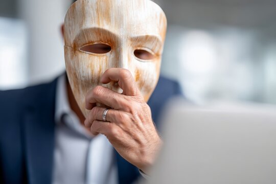 Close up of a businessman in a suit wearing a wooden mask while using a laptop, symbolizing anonymous participation or false identity in an online corporate environment