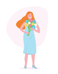 Girl with a bouquet in her hands in full growth in a dress. Happy woman and flowers. Vector flat graphics.