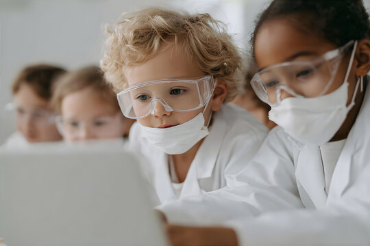 Two kids in lab coat and clear safety glasses looking at a laptop computer. Little scientists at research workshop.