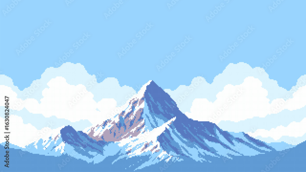 Aufkleber snow capped mountain peak with clouds in pixel art. digital landscape for video game background and 
