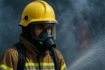 Detailed firefighting scene with a firefighter in yellow helmet and tan turnout gear surrounded by thick smoke and water spray. The faint glow of fire burns through the haze behind.